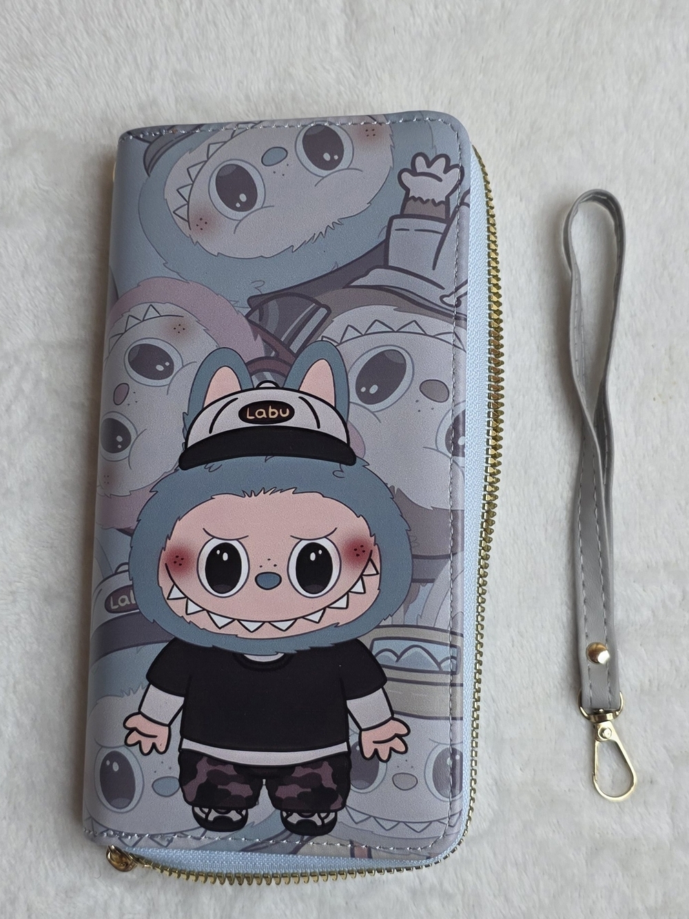 Camo Labubu Zip Wallet Wristlet - Light Blue